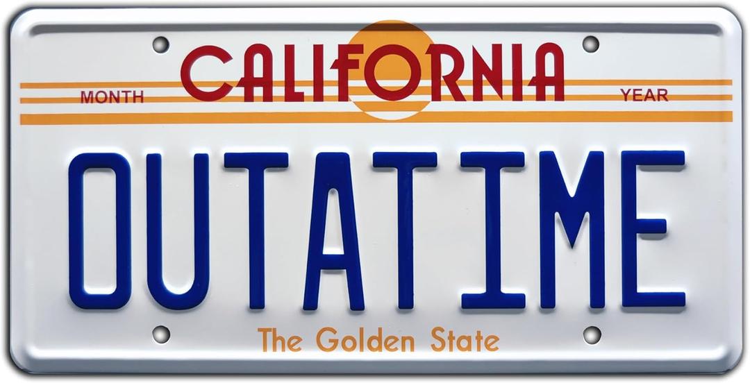 Celebrity Machines | Back to The Future | Delorean | Outatime | Metal Stamped Vanity Prop Vanity Plate, Metal Decorative Tag, Corrosion Resistant, Quality Novelty Sign, Wall Decoration, Wall Hanging