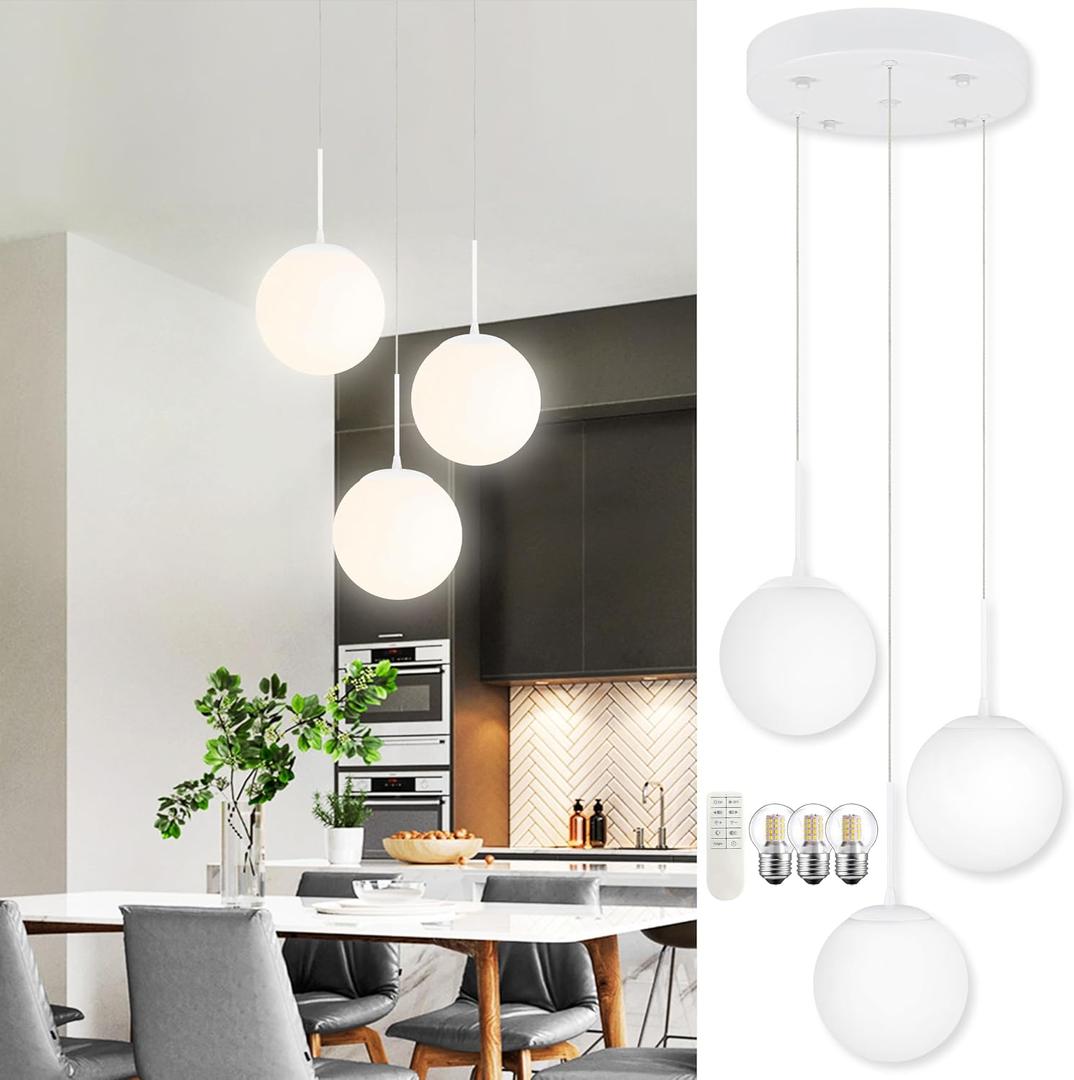 KoKo&Yukina Globe Pendant Light 3 Light White Globe Pendant Lights Kitchen Island Mid Century Light Fixture with Milky White Glass Shade for Dining Room Living Room