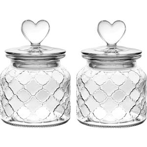 WHJY Set of 2 Airtight Glass Jars Decorative Jars, 22oz Jar of Hearts Cute Cookie Jar Decorative Jars with Lids Candy Jars for Candy Buffet Heart Shaped Lid (Grid Textured)