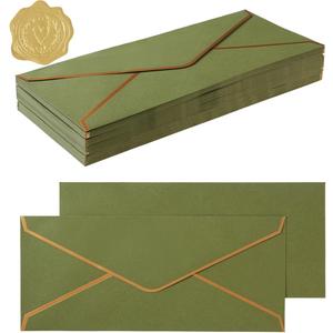 50 Pack #10 Business Envelopes with Gold Border, Self Seal Standard Envelopes with Gold Stickers for Office, Checks, Letter Mailing, Invoices, 4 1/8 x 9 1/2 Inches (Olive Green)