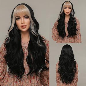ISHINE Black Wigs for Women, Long Wavy Curly Wigs with Bangs, No Lace Colored Wigs with Bangs, Ombre Blonde to Black Wig, Synthetic Wigs for Daily Cosplay Party Replacement 24inch