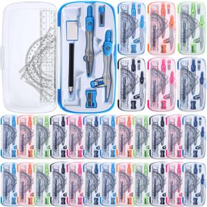 Zonon 24 Sets Math Geometry Kit Student 10 Pcs Shatterproof Storage Box Includes Compass, Rulers, Protractor, Eraser, Pencil Sharpener, Lead Refills, Pencil for Back to School Students Class Teacher