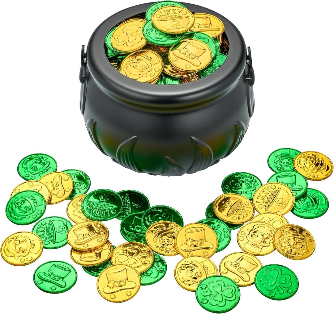 JOYIN 208 St Patricks Day Lucky Leprechaun Plastic Coins and 1 Large Black Cauldron with Handle Pot of Gold Party Supplies, St Patrick Decorations Party Favors