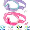 Vvinca Kids Goggles with Comfort Fabric Strap, Kids Swim Goggles Wide View Anti-Fog/UV No Leaking Swimming Goggles for 3-14 (11-pink& Mermaid Purple)