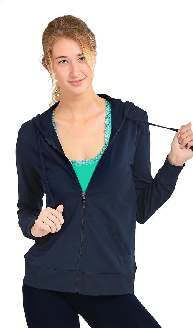 Teejoy Women's Thin Cotton Zip Up Hoodie Jacket (L, Navy)
