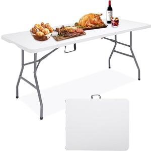 6FT Folding Camping Table Portable 350lbs, 6 Foot Folding Picnic Card Table for Outdoor, Plastic Rectangular Dining Work Tables for Indoor, Heavy Duty Fold-in-Half Tray Tables, 71x29 inch