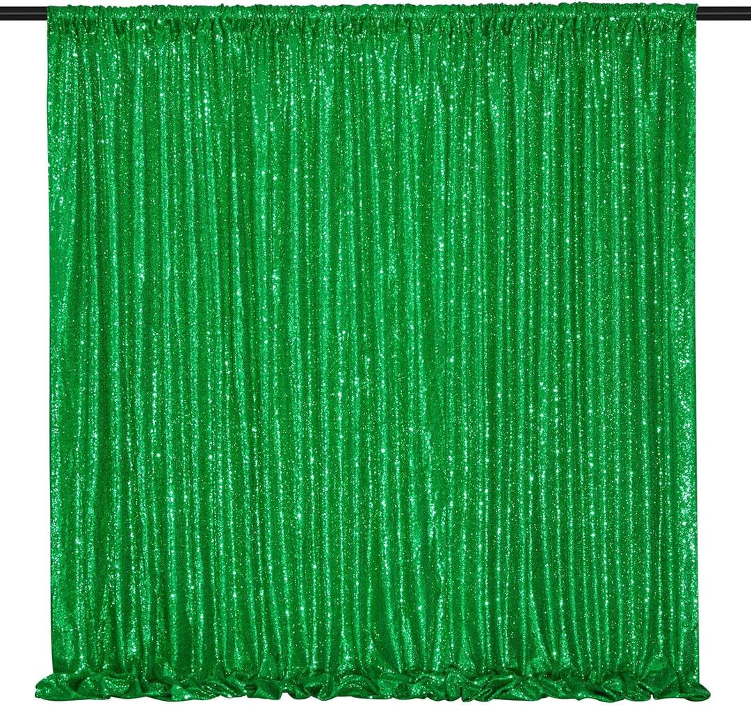 Green Sequin Backdrop Curtains 2 Pcs 5FTx10FT Glitter Backdrop Christmas Decoration Sparkly Party Cake Table Backdrop Drapes