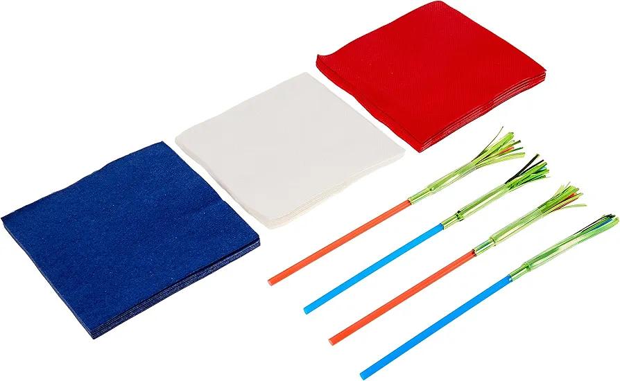Perfect Stix are White and Blue Cocktail Napkins Two ply-25 Each. Includes 25 Each red and Blue Palm Flex Straws
