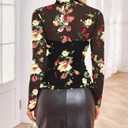 Poetsky Black Tops for Women Lace Boho Floral Sexy Long Sleeve Shirts Mesh Sheer Going Out Tops Fall Clothes XXL  