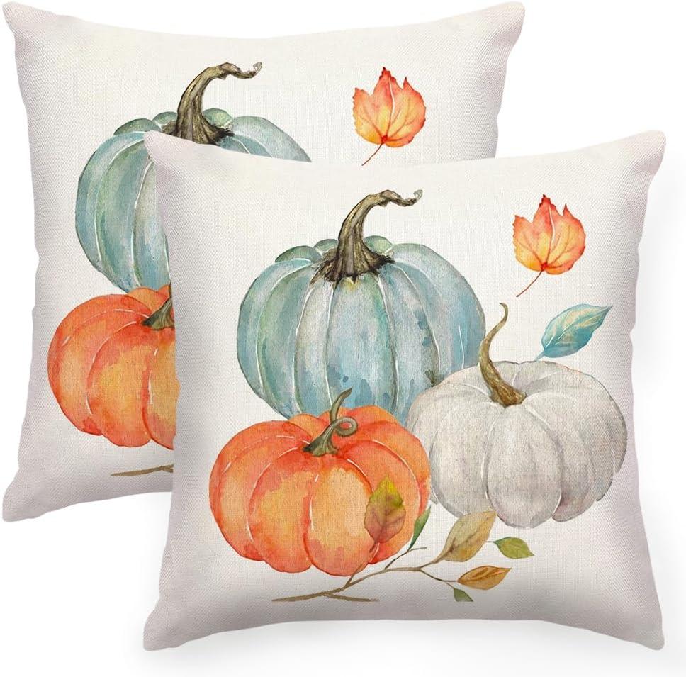 RABUSOFA Fall Pumpkin Pillow Covers 18x18 Set of 2,Thanksgiving Orange Leaves Outdoor Autumn Decoration for Home Sofa Couch Cushion Cases (Aqua&Orange, 18" x 18" (Pack of 2))