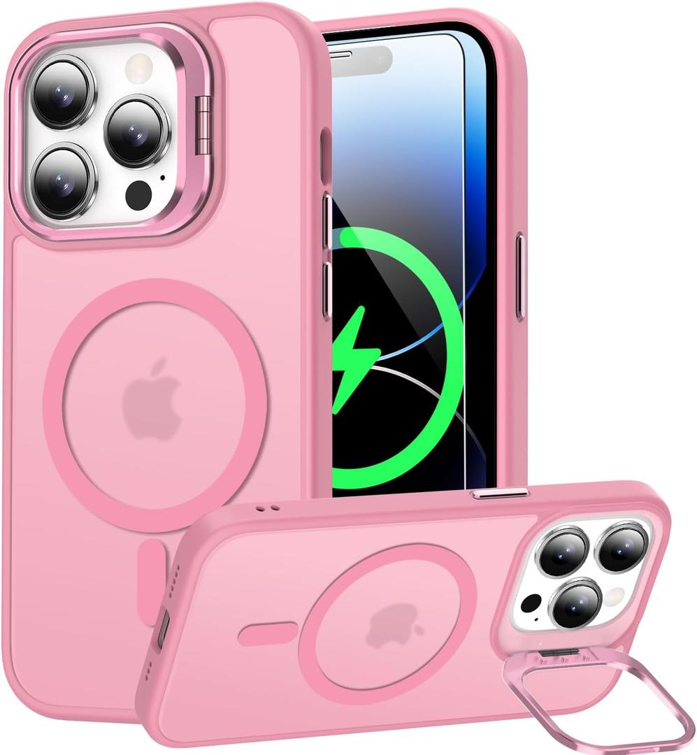 Goodon Magnetic for iPhone 13 Pro Max Case with Screen Protector, Built-in Metal Camera Kickstand,[Compatible with Magsafe] [Wireless Charging] Matte Protective Phone Cover for Women Girls - Pink