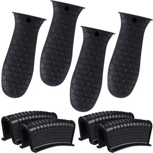 Patelai 8 Pcs Silicone Pot Holders Set Cast Iron Handle Cover Heat Resistant Pot Handle Covers Potholder Non Slip Reusable Pan Sleeve for Frying Pan Kitchen Supplies(Black)