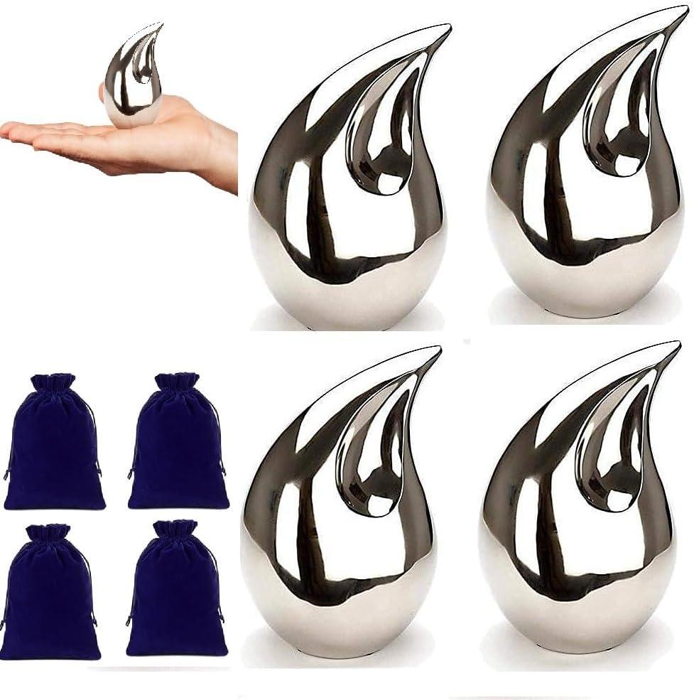 4 Pcs Unique Silver Teardrop Small Keepsake Cremation Urns for Human Ashes Adult for Both Male and Female, Mom Dad Son Women Men Mini Urns,Funeral Small Earns for Ashes with Velvet Bags 3 Inch Size