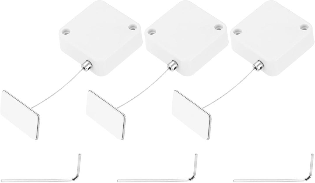 MECCANIXITY 4.9 ft Retractable Cable Lock with Adhesive Square Patch Remote Control Security Lock with Adjustable Cord Tether Anti Theft for Laptop, TV, 600g, White, 3 Pack