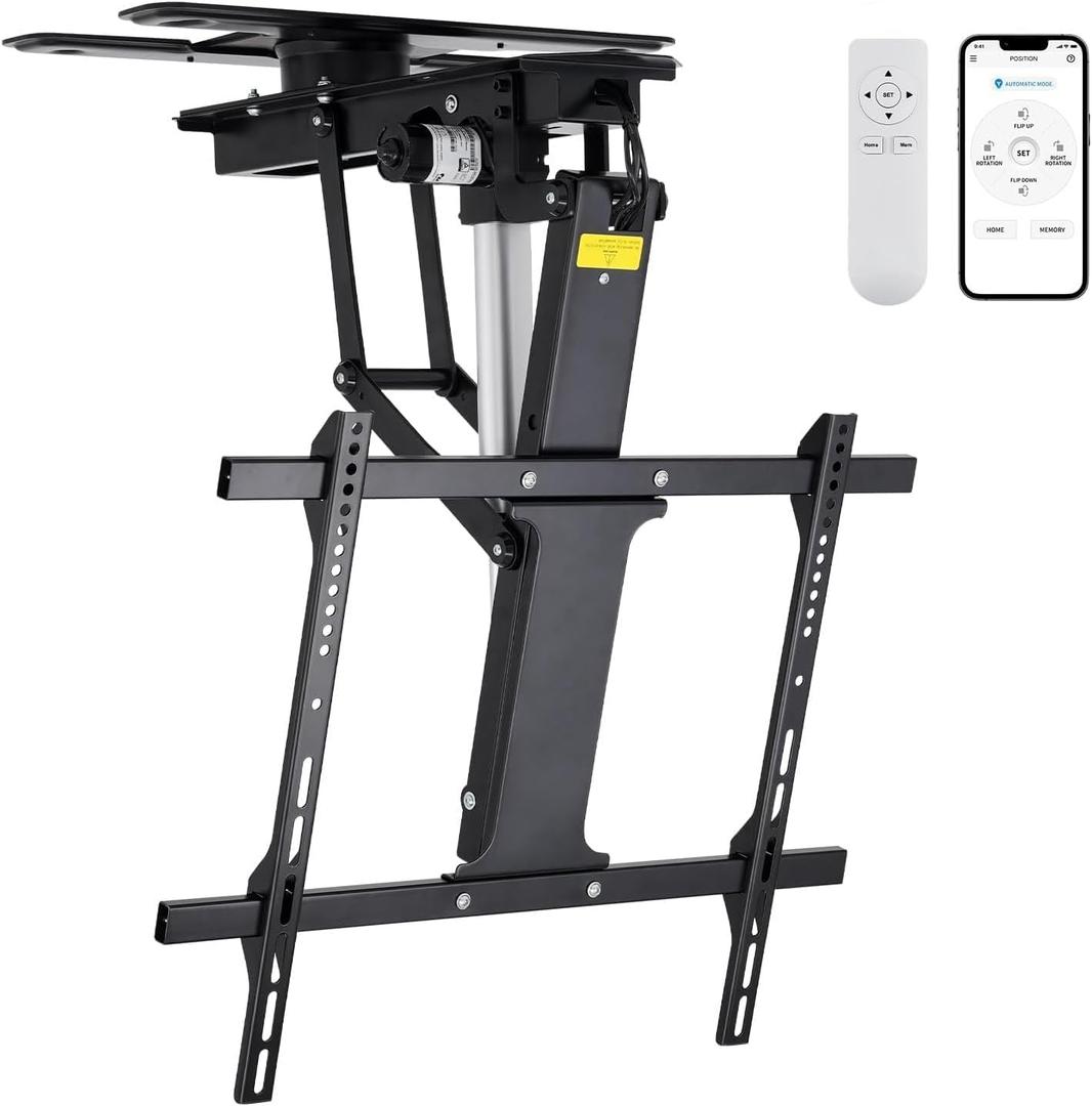 TOPSKY Electric Adjustable Flip Down Swiveling TV Mount with Remote and App Controller, Large Motorized Ceiling Mount for 32 to 75 Inch Flat and Curved Screen TVs (Black)