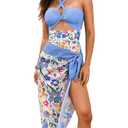 ChiaoLezhee Women's Tummy Control One Piece Swimsuit Matching Coverup Monokini with Sarong Wrap Skirt Set, Cheeky Cutout Tie Sexy Retro Halter Summer Beach Slimming Pool,Blue Floral,Large