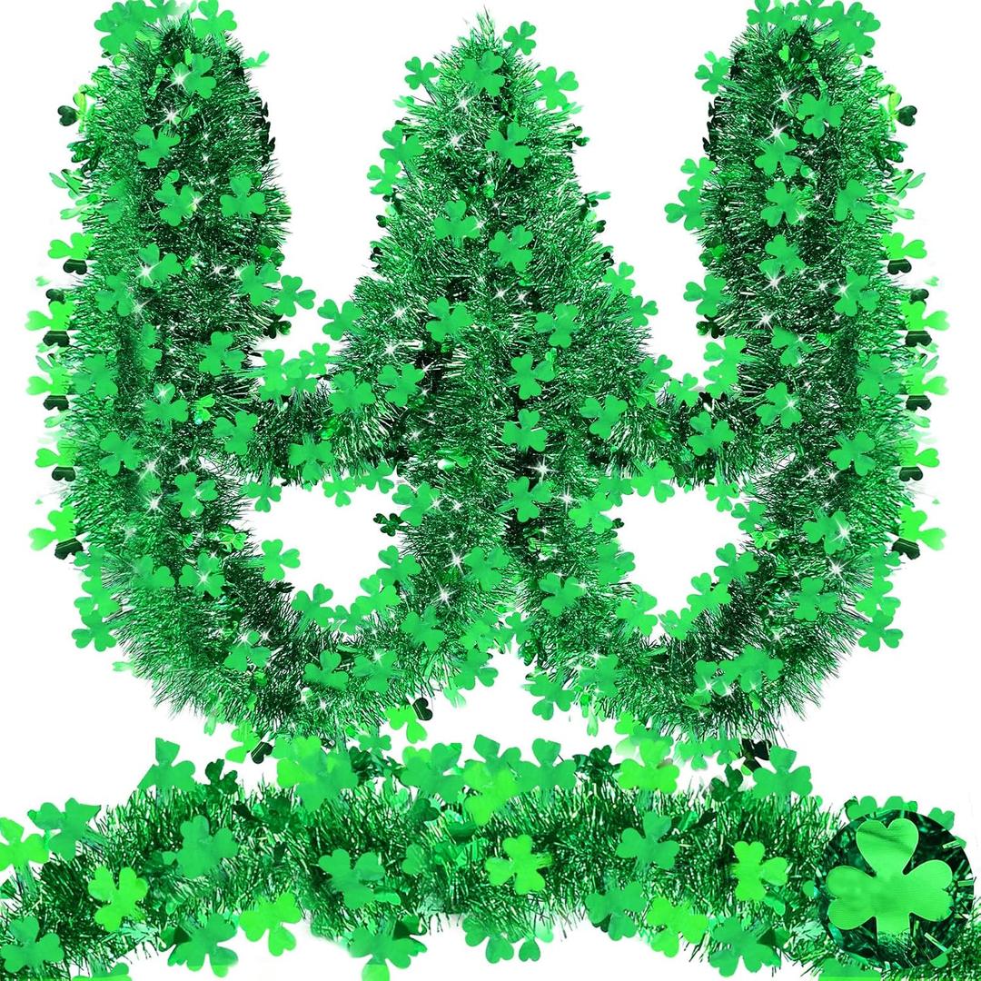 TURNMEON 33 Ft by 4.3" St. Patrick's Day Tinsel Garland Decoration with Shamrocks Green Clover Metallic Streamers St.Patrick's Day Decorations Outdoor Indoor Home Wall Door Window Irish Party Supplies