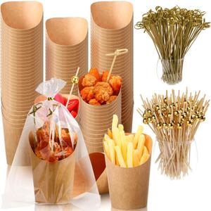 Charcuterie Cups Disposable Cocktail Picks Plastic Goodie Bags Set 12 oz Brown French Fry Cups Kraft Appetizer Cups Types Food Picks and Opp Bags for Party Supplies 