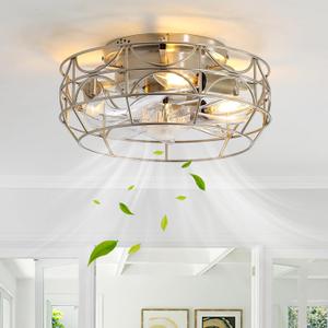 Brushed Nickel Caged Ceiling Fans with Lights and Remote,6 Speeds, 12-inch Industrial Flush Mount Ceiling Fan with Light, Modern Bladeless Fan Lights Ceiling Fixtures for Kitchen, Bedroom, Indoor (Silver)