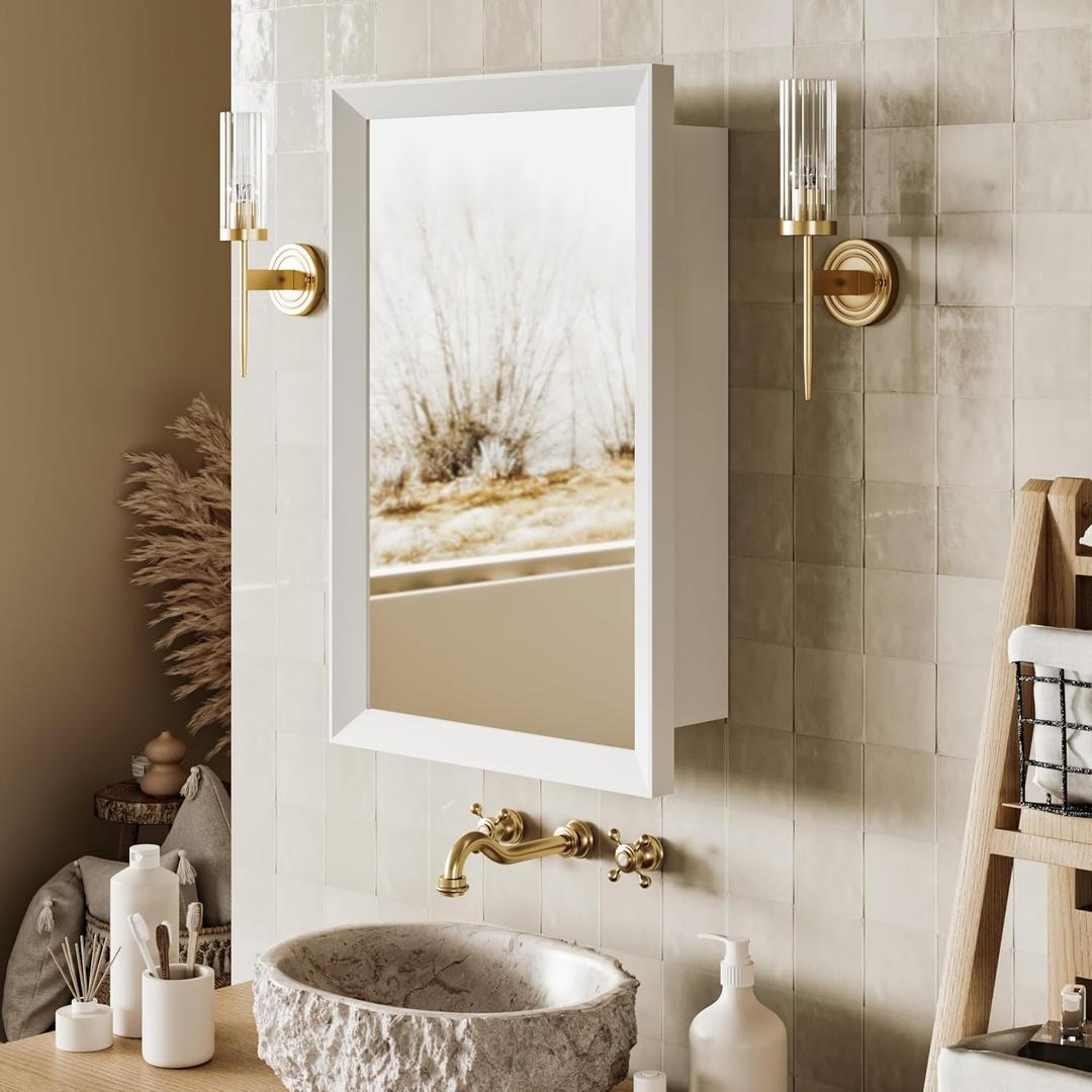Retro-Style Medicine Cabinet with 17x27 Solid Wood Mirror Frame, Bathroom Recessed Wall Cabinet, Living Room Wood Storage Cabinet, White