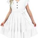 storeofbaby Girls Short Sleeve Dress V Neck Button Ruffle Hem Dresses with Belt (White)