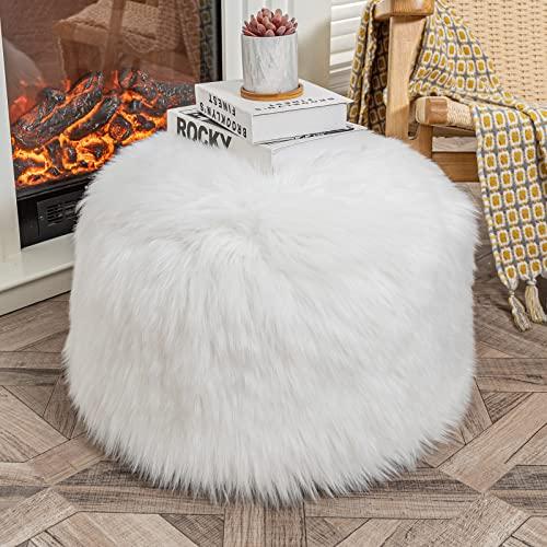Fur Ottoman Stool, Footstool Cover, Unstuffed Ottoman Pouf Covers, Small Faux Fur Foot Stool, 20x20x12 Inches Round Poof Seat, Floor Bean Bag Chair, Foot Rest Storage for Living Room, Bedroom White
