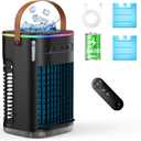 Portable Air Conditioners Cooling Fan w/Remote & Built-in Battery, 1200ML Water Tank for Room Bedroom Office (Black)