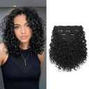 FLUFYMOOZ 4PC Clip in Hair Extensions, 10 Inch 100 Pure Protein Silk Short Hairpiece Deep Curly Wavy Hair Extensions Clip in Natural Soft Hairpiece for Women-Black