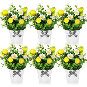 Nitial 6 Pcs 7.75 Inch Lemon Centerpiece Tiered Tray Decor Artificial Pot Plant Fake Lemon Daisy Plant for Table Home Decor Party Spring Summer Farmhouse Greenery Accessory