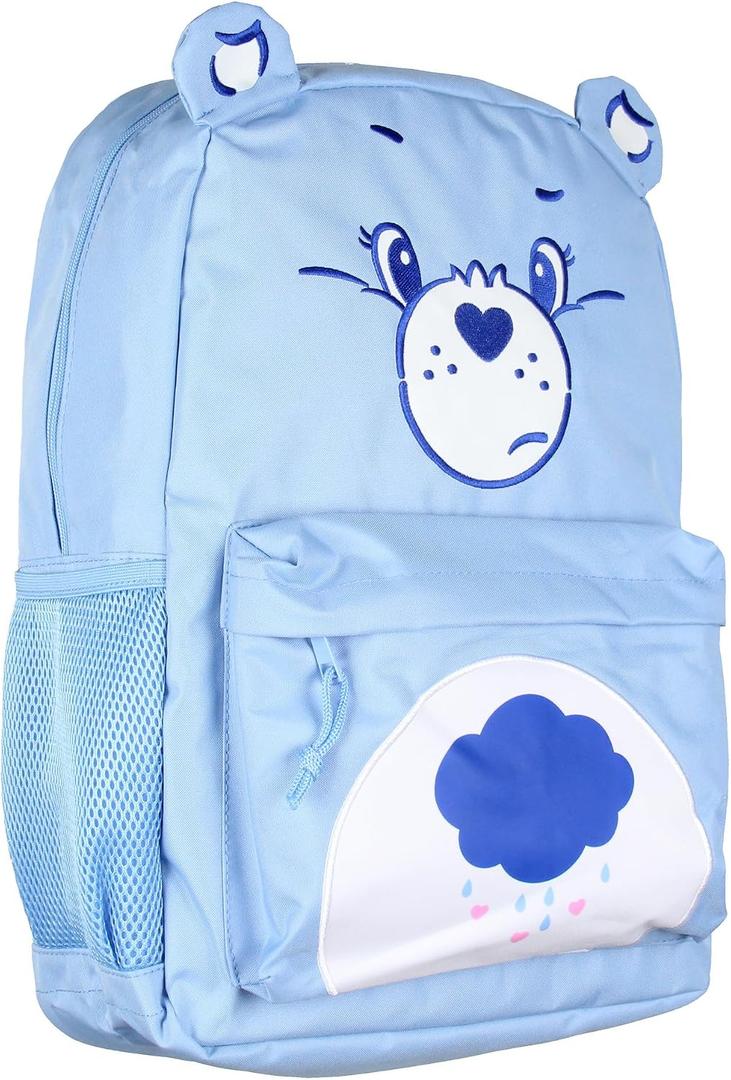 Mad Engine Care Bears Backpack Grumpy Bear Embroidered Face with Rain Cloud Belly Badge and 3D Ears Laptop School Travel Backpack, One Size