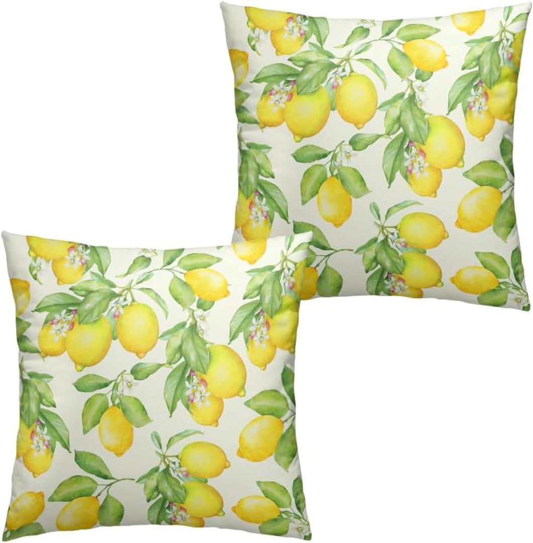 Lemon Pillow Covers 18x18 Set of 2 Summer Fruit Yellow Lemon with Green Leaf Floral Decorative Pillows Cases Watercolor Outdoor Square Cushion Cover for Farmhouse Living Room Decor