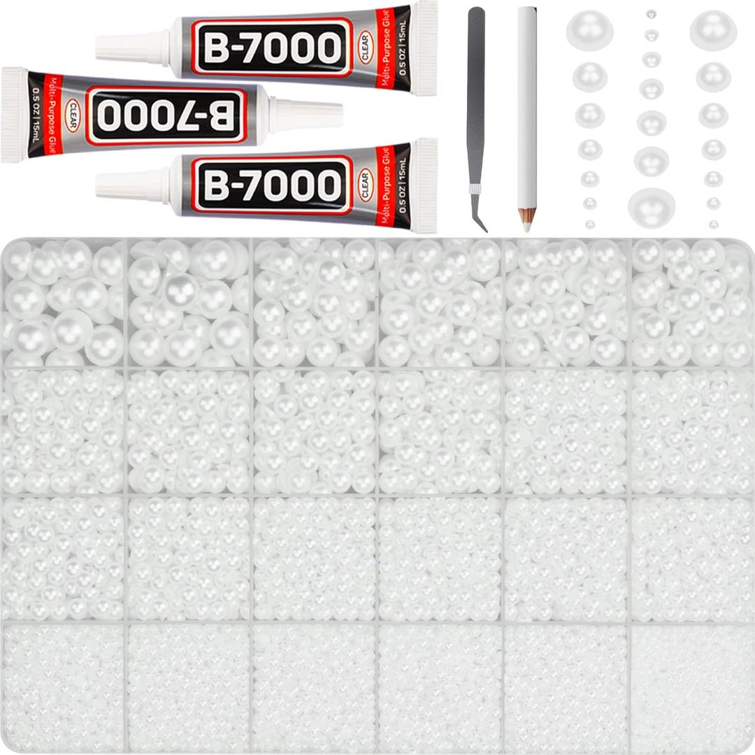 17000Pcs White Half Pearls Beads for Crafting, Flat Back Pearls Rhinestones Gem FlatBack Diamond for Decor Crafts Bedazzling Decoration Bedazzle Shoes Clothes Bedazzled 2,3,4,5,6,8,10mm and B7000 Glue