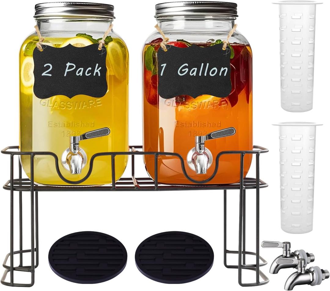 1 Gallon Glass Drink Dispenser with Stand,2 Pack Glass Beverage Dispenser with Stainless Steel Spigot, Water Lemonade Dispenser for Parties