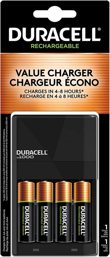 Duracell Ion Speed 1000-Battery-Charger for AA and AAA-Batteries, Includes 4 Pre-Charged AA-Rechargeable-Batteries, for Household and Business Devices