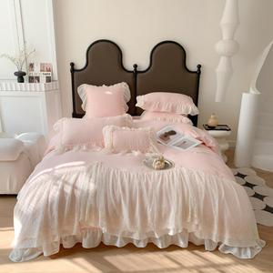 IHOUSTRIY Lace Duvet Cover Full Size, Chiffon Ruffled Beddding Set with Flower, 3 Pieces Comforter Cover Set with Zipper Closure, Girl Princess Bedding with Pillowcase - Pink, Full