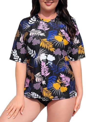 Halcurt Women's Plus Size Short Sleeve Rash Guard Swimsuit Top with Built in Bra Swim Shirt UPF50+ Bathing Suit 3XL Halcurt Women's Plus Size Short Sleeve Rash Guard Swimsuit Top with Built in Bra Swim Shirt UPF50+ Bathing Suit 3XL