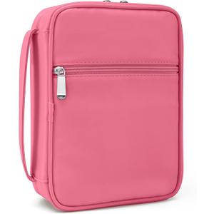 Small Bible Cover Case for Women and Men, 9x6 PU Leather Bible Sleeve, Compact Travel Bible Carrier Bag with Front Pen Holders, Zipper Closure, Inner Pockets - Hot Pink