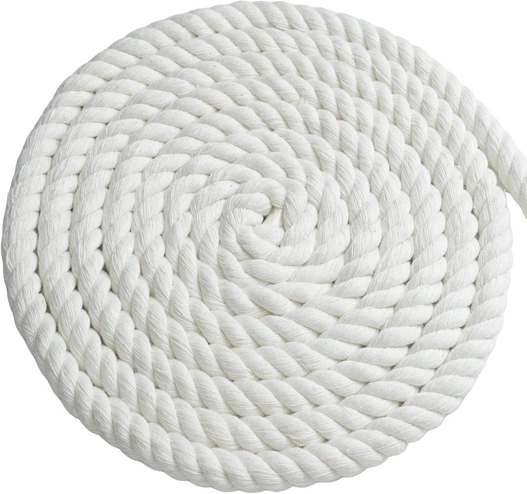 5ft Nature Cotton Rope, 20mm Thick White Cotton Rope, 3-Strand Twisted, Soft Cord Great for DIY Crafts Decoration Pet Toys, Indoor & Outdoor Use