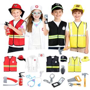 Dress Up Costumes for Play, 27Pcs Kids Role Play Dress Up Toys Set with Fireman, Police, Doctor, Construction Engineer Costume, Toddler Clothes for Halloween Party Gift for 3-7 Years Old