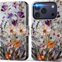 DEENAKIN for iPhone 17 Pro Wallet Case with Card Holder + Cash Clip, RFID-Blocking, Military-Grade Drop Protection & UV-Printed Artwork, Magnetic Closure with Leather Kickstand - Marbled Floral Veins