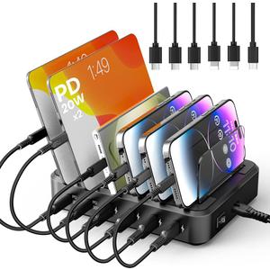 Charging Station for Multiple Devices, 6 Ports Multi Devices USB Charger Fast Cell Phone Charging Station for iPhone iPad Tablet (Black, 6 Mixed Cables Included)
