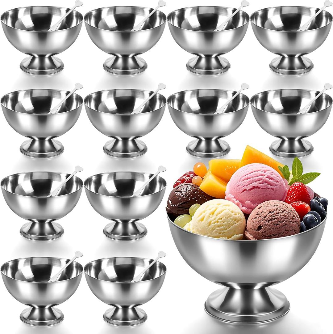 Honeydak 12 Pcs Stainless Steel Ice Cream Bowl Serving Dessert Cup Sauce Bowls Dish Metal Dessert Glasses Salad Holder Round Footed Yogurt Snack Candy Cups for Fruit Pudding Christmas(4 Inch)
