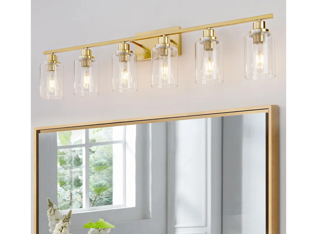 6 Light Gold Bathroom Light Fixtures Brushed Brass Vanity Light Over Mirror Modern Wall Lighting Sconces Wall Lamp for Bathroom, Bedroom, Living Room E26 Socket with Glass Shade