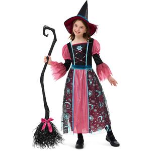 Spooktacular Creations Witch Costume for Girls, Halloween Dress with Broom, Kids Moon Shimmer Witch Set for Wizard Role Play (Large(10-12 yrs), Pink)