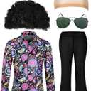 Mepase 6 Pcs Men 70s Disco Costumes Include Retro Shirt Bell Bottom Pants Wig Sunglasses Necklace Wig Cap for Disco Party (Large)