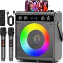 Karaoke Machine with 2 Wireless Microphones, Portable Bluetooth Speaker for Adults Kids with Bass Treble Echo PA System with Remote,LED Light, Supports TF Card,USB,AUX in,TWS,FM,REC for Party (Gray)