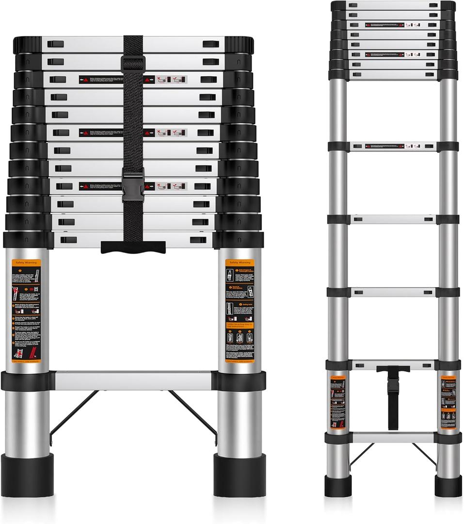 Telescoping Ladder 12.5 FT Stainless Steel Collapsible Ladder 12 ft, Extension Rv Telescopic Extendable Telescope Ladders Folding Compact Portable Adjustable Ladders for Home Roof, 330lbs Max Capacity