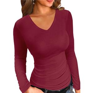 LOLONG T Shirts for Women Short/Long Sleeve V Neck Casual Ribbed Slim Fitted Tops (Red, XXXL)