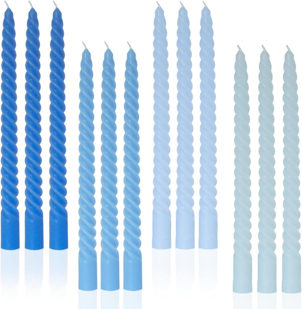 Taper Candle Blue Spiral Candle Sticks,Unscented Pastel Candle for Holiday,Wedding and Home Decoration,10inch,12 Pack(E-Gradient Blue)