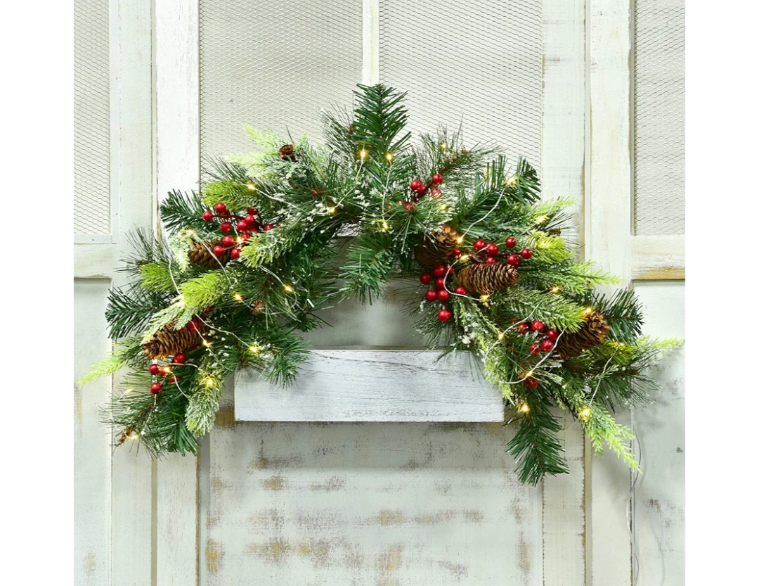 DearHouse 24inch Artificial Christmas Swag, Xmas Mail Box Swag with Wintry Pine Collection and LED Lights for Christmas Holiday Home Decor